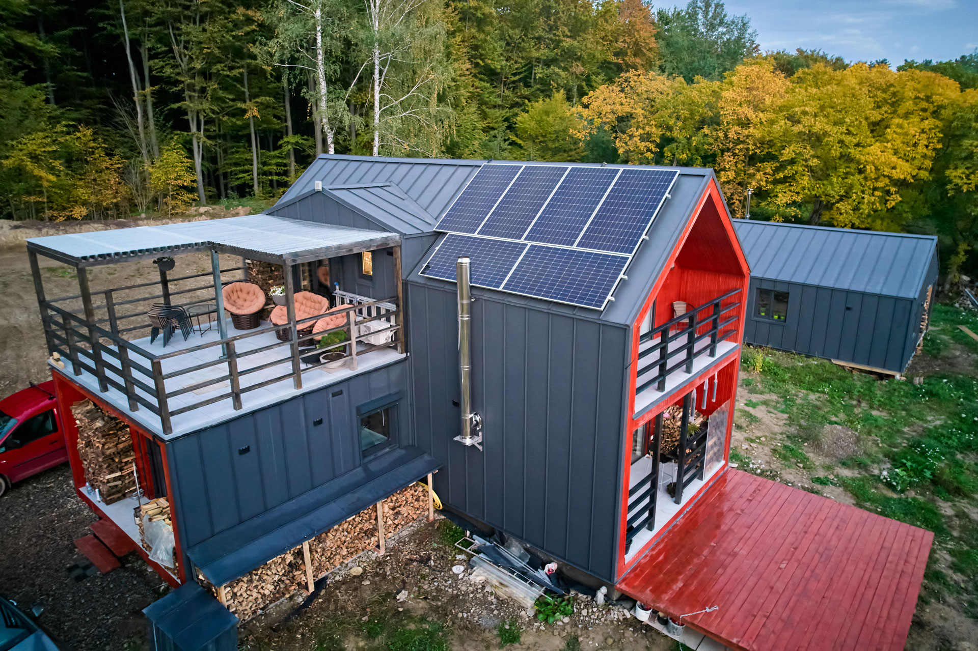 New modern house with energy efficient remodeling solar panels.