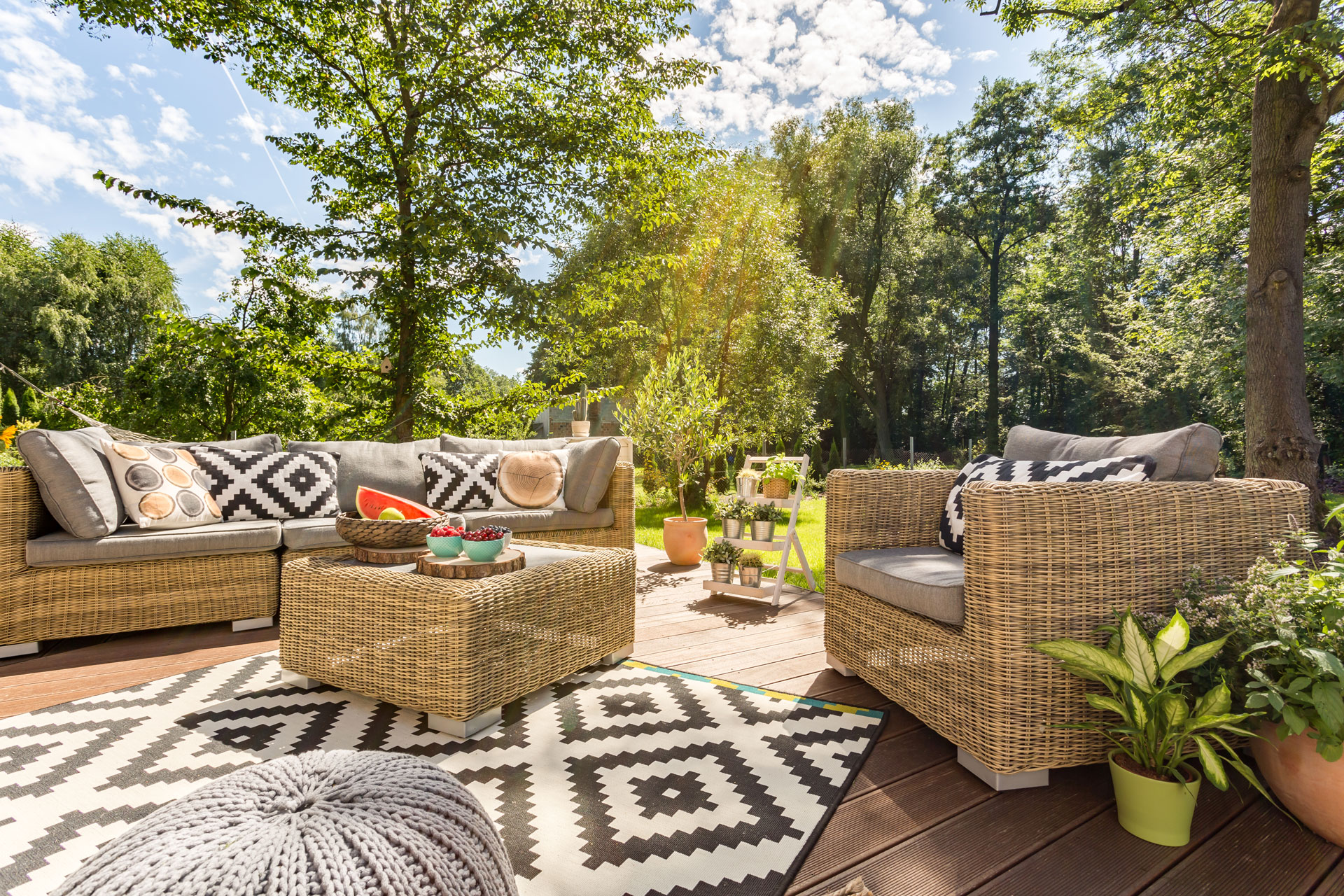 Sunny terrace in a big garden.
